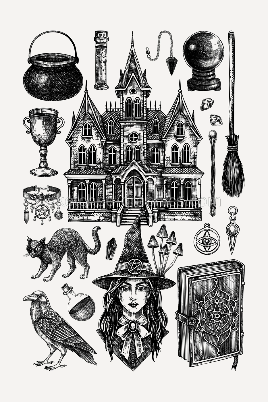 Bohemian witch poster design for print. Halloween hand-drawn vector illustrations. Witchcraft sketches set. Vintage design elements. NOT AI generated Illustration